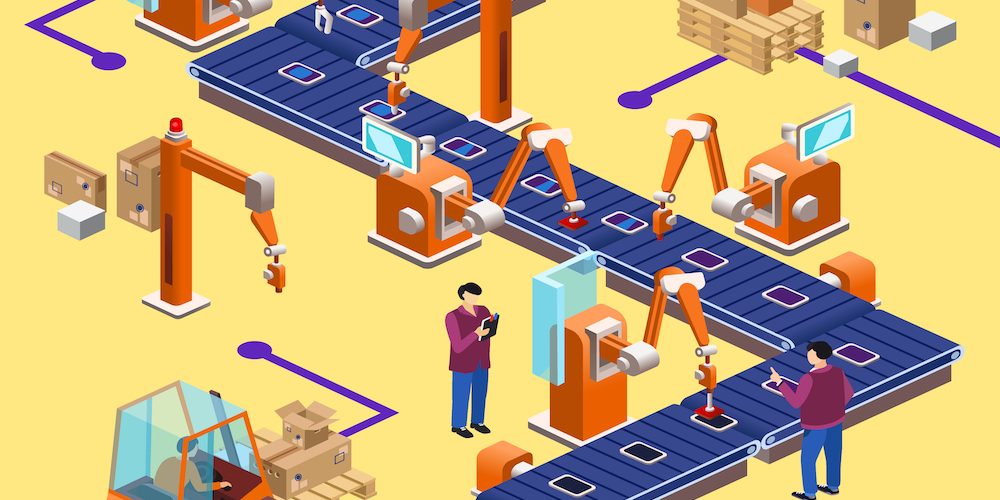 Vector isometric automatic assembly factory robotic line concept. Illustration with electronic device manufacturing factory conveyor system with industrial robots, workers, packaging boxes.